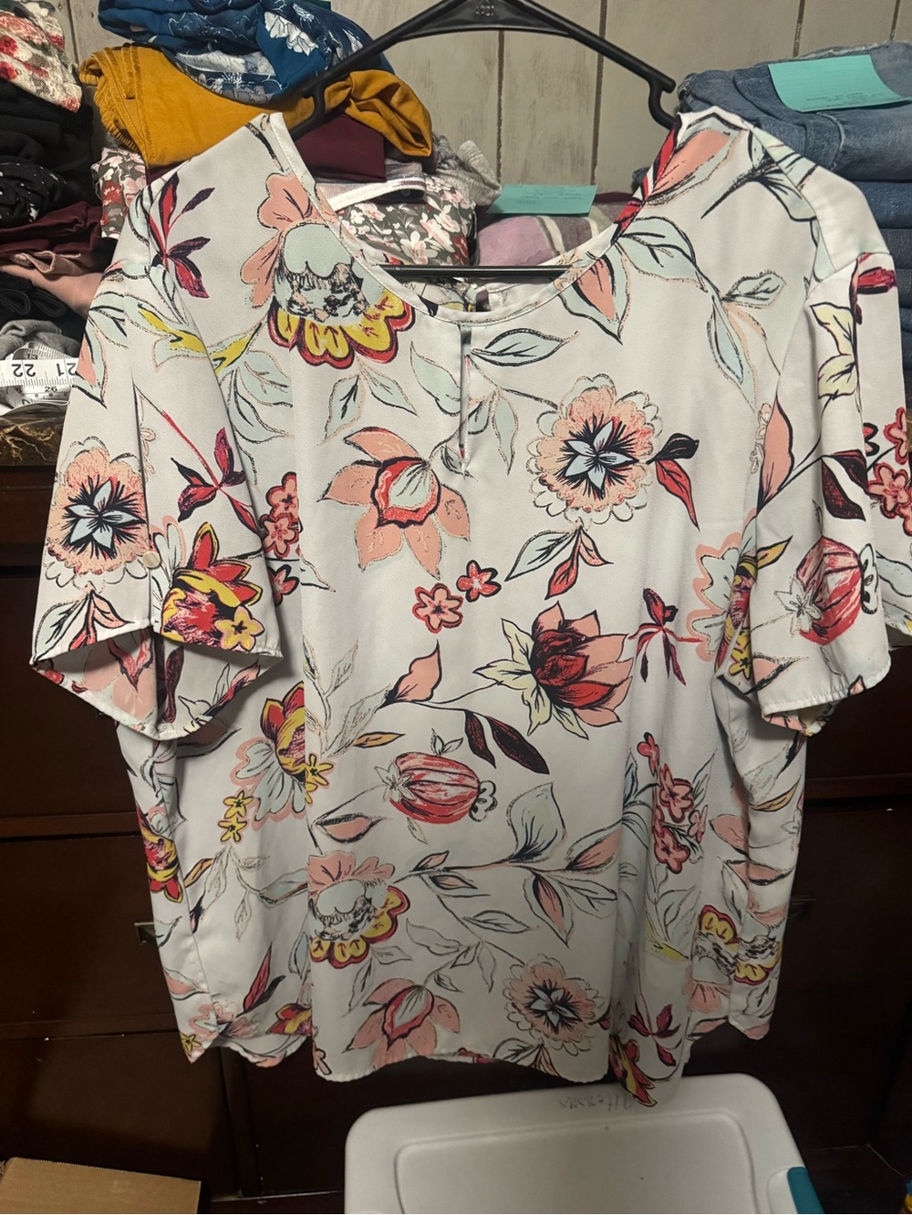 Van Heusen Floral Short-Sleeve Blouse - White with Pink & Coral